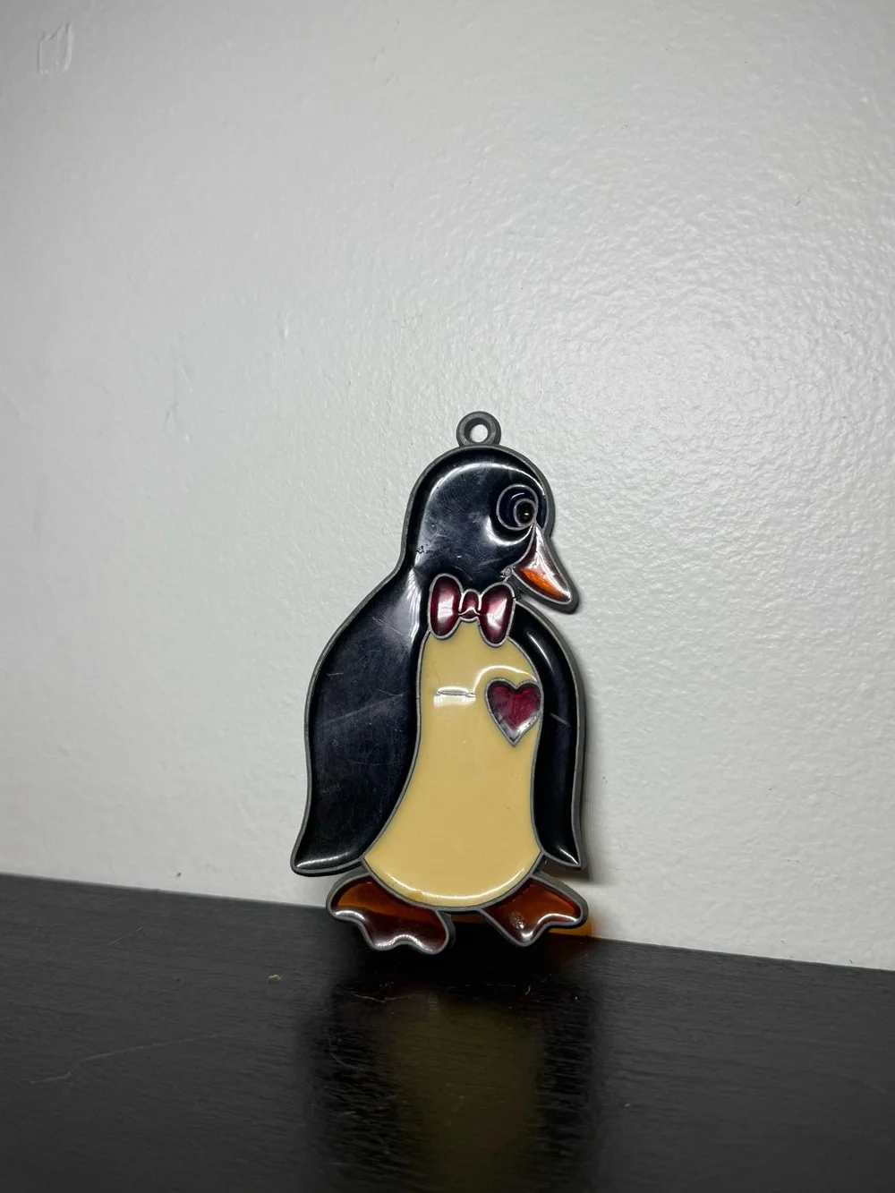 Vintage 1980s Stained Glass Penguin With A Bow Sun Catcher